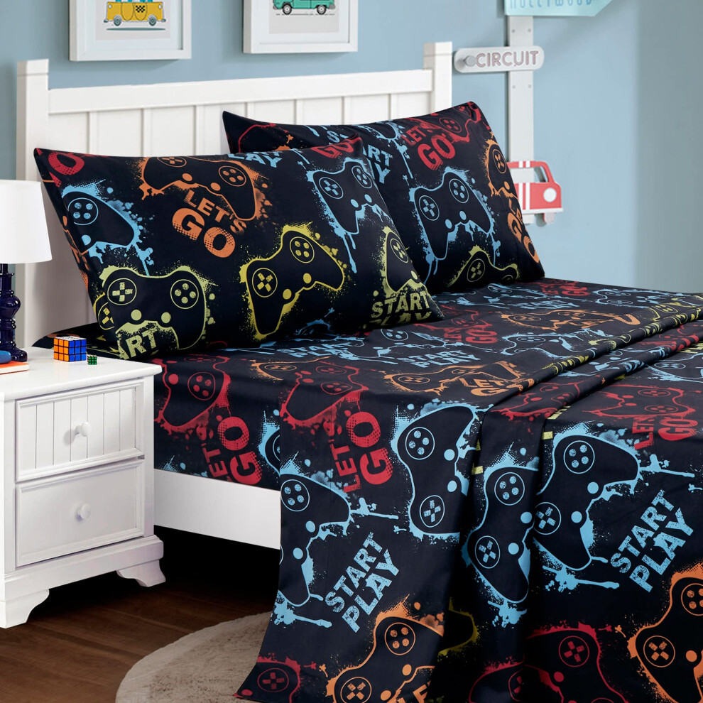 Ensemble de draps 4 pi   ces pour enfants et adolescents de la collection Chezmoi - Housse de couette en microfibre douce multicolore pour jeux vid