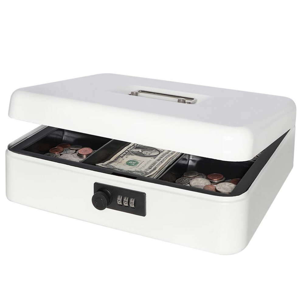 Coffre-fort en m   tal avec serrure     combinaison, grande tirelire de rangement avec plateau     billets, blanc, 29 x 24 x 8 cm, QH3001L