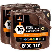 Xpose Safety Super Heavy-Duty 8 'X 10' Brown Poly Tarp (2-Pack)-16 mil vandtæt og UV-resistent rip-proof med forstærkede kanter og grommets