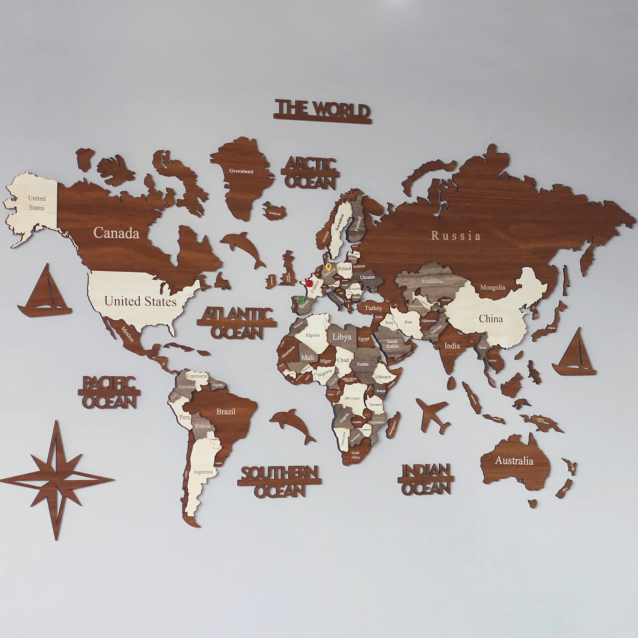CARTE DU MONDE 3D EN BOIS - Décoration Murale Avec Drapeaux Et Punaises - Cadeau Voyage - Fabriqué En Turquie