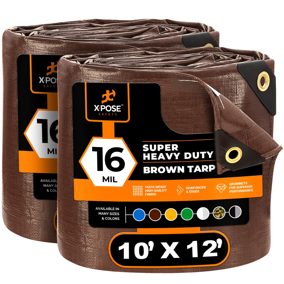 Xpose Safety Super Heavy-Duty 10' x 12' Brown Poly Tarp (2-Pack) - 16 Mil Waterproof & UV Resistant  Rip-Proof with Reinforced Edges & Grommets-image-OPC-PGG9QJH-NEW