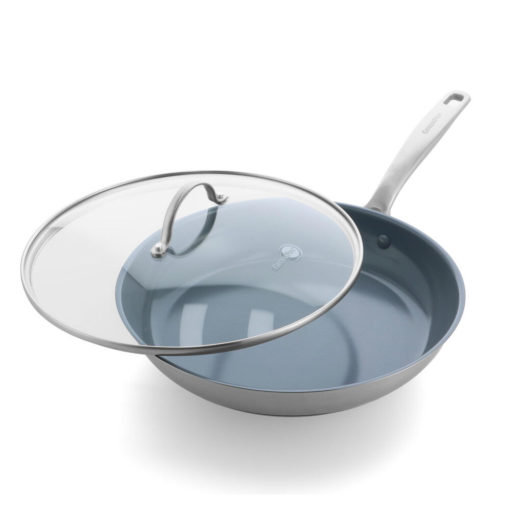 GreenPan Treviso Stainless Steel Healthy Ceramic Nonstick  12"""" Frying Pan Skillet with Lid  PFAS-Free Clad  Induction  Dishwasher Safe  Silver