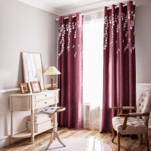 Melodieux Flower Embroidery Linen Blackout Burgundy Curtains for Living Room Bedroom Grommet Window Drape White Flower 52 by 84 Inch (1 Panel)