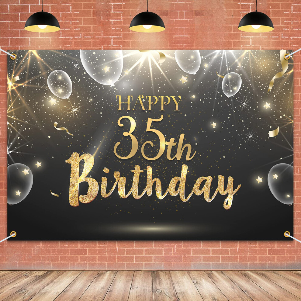 Hamigar 6X4Ft Happy 35Th Birthday Giltter Shining Banner Achtergrond - 35 Jaar Verjaardagsdecoraties Feestartikelen Voor Vrouwen Mannen - Zwart Goud-image