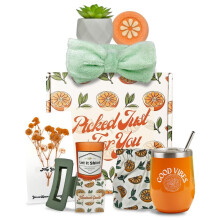 Cestas de regalo tem   ticas naranjas Sunny&Wise para mujeres. Regalos de autocuidado para mujeres. Paquete de cuidado para mujeres. Regalos relaja