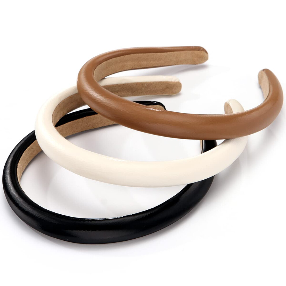 NARUNING Lot de 3 bandeaux rembourr  s en cuir pour femmes, couleur unie, accessoires pour cheveux (noir, blanc, marron)