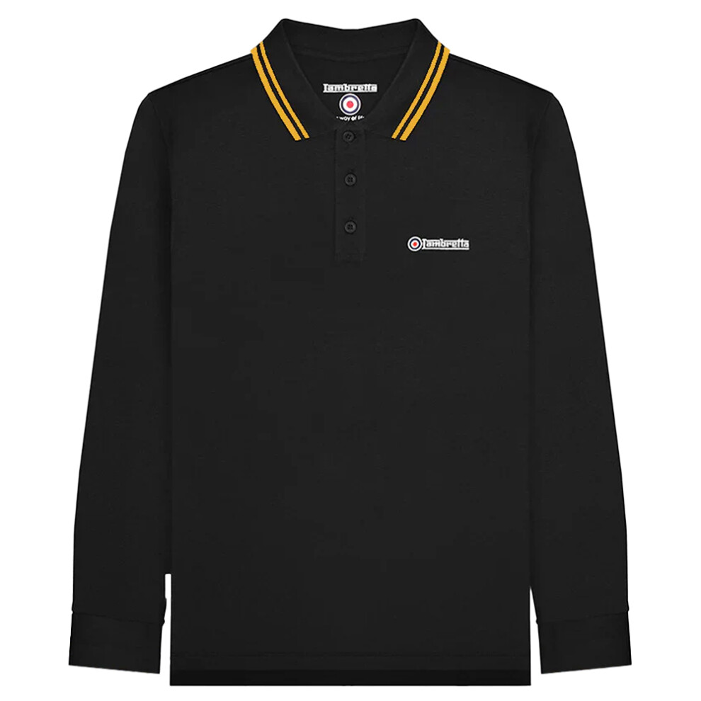 (XL, Black) Lambretta Mens Tipped Long-Sleeved Polo Shirt