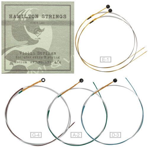 MI&VI Cordes de Violon Hamilton - Ensemble Complet 3/4 (G-D-A-E) avec E-String Supplémentaire | Acier Allemand | Medium 2