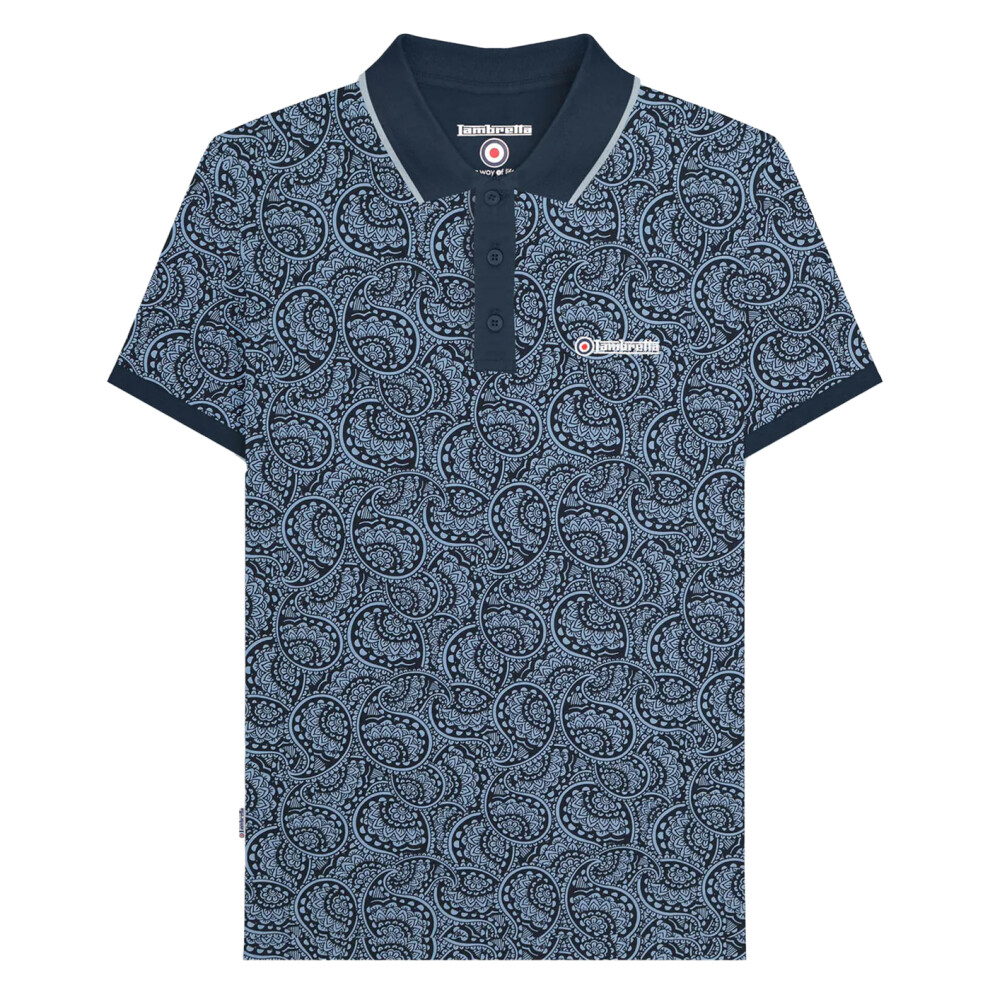 (4XL, Navy/Dusky Blue) Lambretta Mens AW24 Paisley Tonal Polo Shirt
