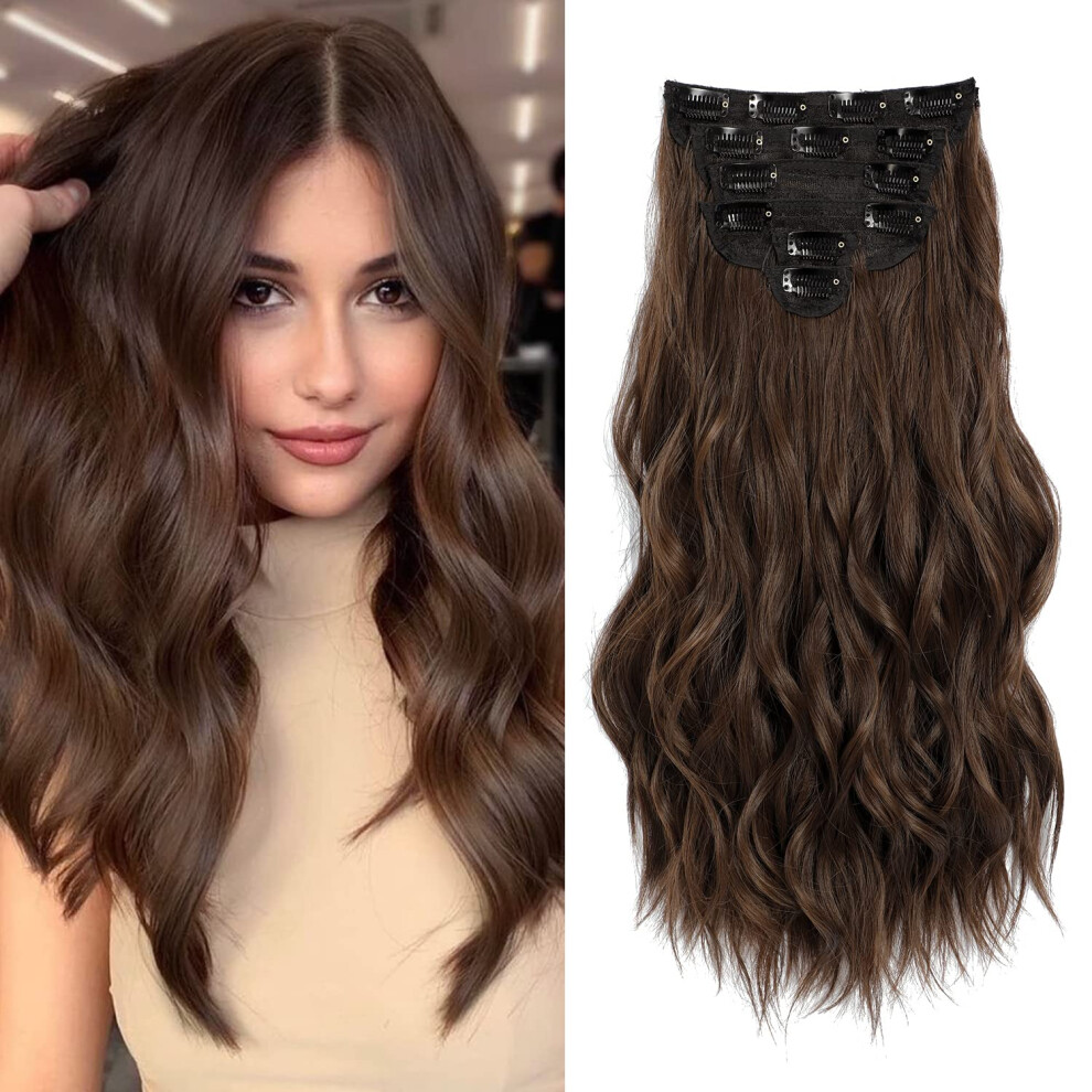 Fliace Clip In Hair Extensions Natural & Soft Hair & Blends Well Light Brown Hair Extensions Long Wavy Hairpieces(20Inch 6Pcs Chocolate Brown