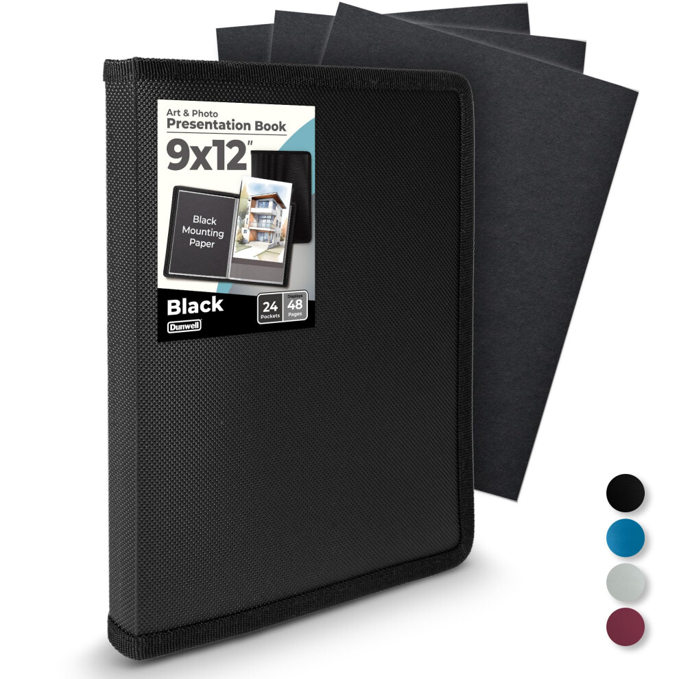 Dunwell Black Art Portfolio 9X12 Folder - (Black) With Mounting Paper Portfolio Folder For Artwork 9 X 12 Art Folder 24 Pockets Display 48 Pages