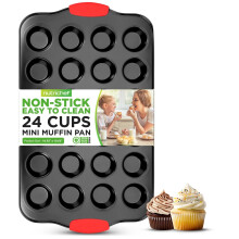 Nutrichef 24-tasse minimage antiadhesif avec des muffins avec des poignees de silicone rouge - plateau de cuisson de cuisson en acier en carbone