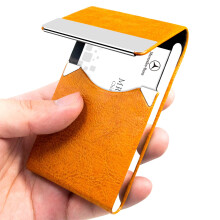 Padike Professional Business Card Holder PU Leather Business Card Case Name Card Holder Slim Metal Pocket Card Holder with Magnetic Shut (Z-Orange)