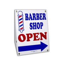 BARBER SHOP OPEN bord met richtingsaanwijzer naar links rechts 2-zijdig rood wit blauw Plastic frames Sandwichbordset Doorvoertules en ritssluitingen