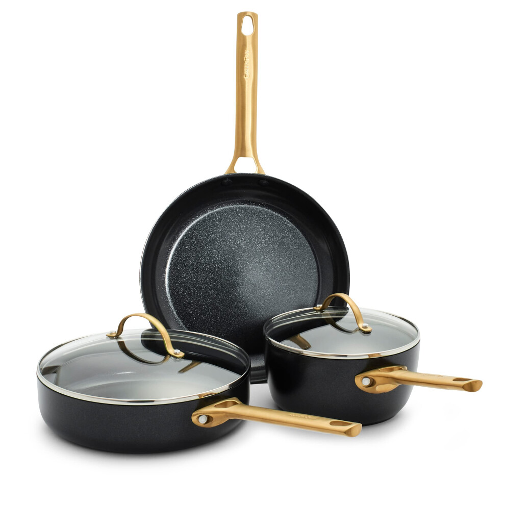 GreenPan Reserve Hard Anodized Healthy Ceramic Nonstick 5 Piece Cookware Pots and Pans Set  Gold Handle  PFAS-Free  Dishwasher Safe  Oven Safe  Black