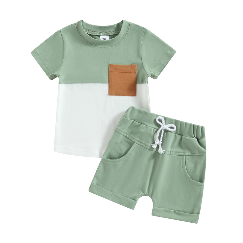 Adobabirl Sommerkleidung Fur Kleinkinder Und Babys, Kurzarmelig, Farbblock, Tasche, T-Shirt, Oberteil, Einfarbig, Shorts, Lassiges Outfit (C Patc-image