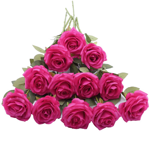 LVEFIT 12pcs Artificial Rose Flower Hot Pink Rose Flower with Long Stem ...
