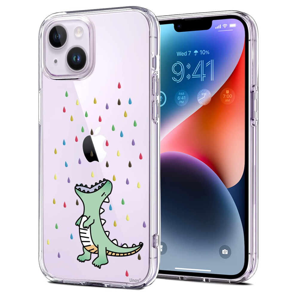 Unov Case Compatible With Iphone 14 Case Iphone 13 Case Clear With Design Embossed Pattern Soft Tpu Bumper Slim Protective 6.1 Inch (Rainbow Dinosaur) 6974980001347