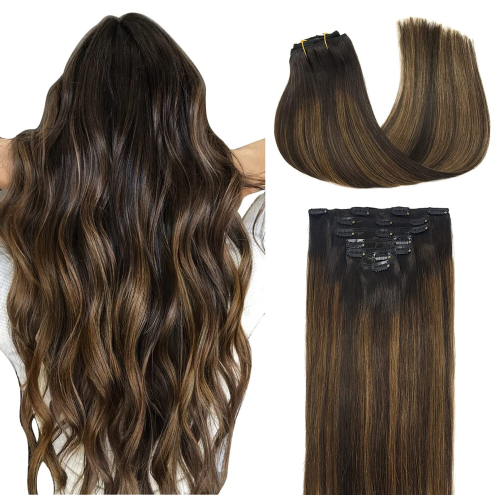 Doores Unisex Brown Hair Extensions Clip In Chocolate To Caramel Blonde Balayage Remy Clip In Human Hair Extensions Natural Hair Extensions 120G 7Pcs 18 Inch