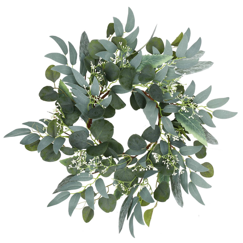 Couronne d'eucalyptus artificielle verte de 15 pouces, couronne de verdure avec grappes de fleurs blanches, mini couronne printemps/été pour déco