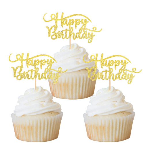 Rsstarxi 24 Pack Happy Birthday Cupcake Toppers Gold Glitter Birthday ...