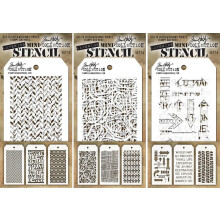 Tim Holtz - Ni mini Layering Stencils - Herringbone Countdown Blocks Scribbles Burlap Argyle Arrows Traveler and Treads - AKA s?tter 13 14 & 15