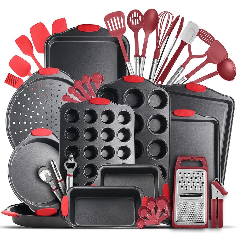 JOYTABLE Pans Set-39PC Silicone Handles Durable Steel BPA Free Bakeware Oven Safe Cookie Sheets for Baking Nonstick Set with Utensils-Brown 39 Piec