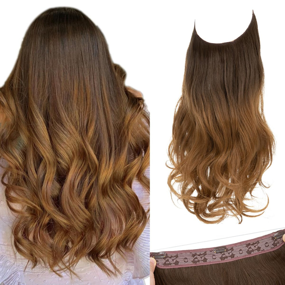 Sarla Unisex Brown,Gold Ombre Invisible Wire Hair Extensions With 3 Clips Synthetic Wavy Curly Hairpiece Adjustable Transparent Headband For Women 16 Inch Brown To Gold