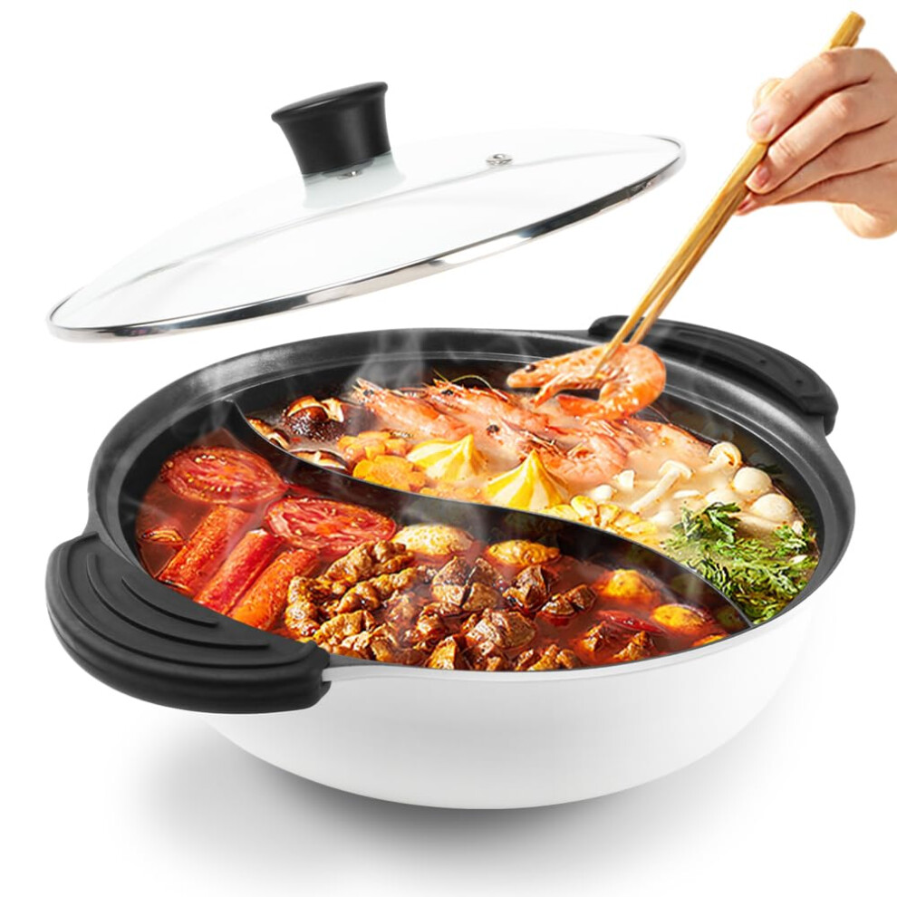 Hot Pot with Divider for Induction Cooker Dual Sided Soup Cookware Two-flavor Chinese Shabu Shabu Pot for Home Party Family Gathering  4.5 Quart (Whit-image-OPC-PGGB9SF-NEW