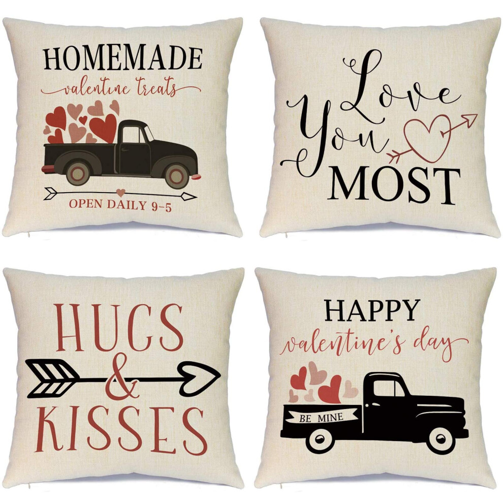 Housses de coussin Hlonon pour la Saint-Valentin, lot de 4, 45 x 45 cm, motif c  ur rouge, camion et fl  che d'amour, pour canap