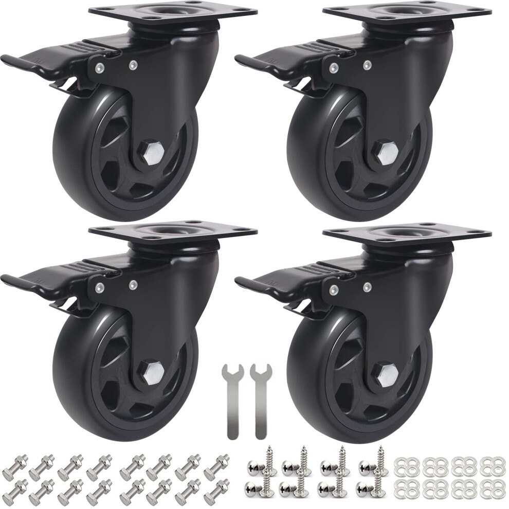 4 Inch Swivel Plate Caster Wheels All Black Heavy Duty Casters Set Of 4 With Brake Polyurethane Locking Caster Wheels For Cart Workbench Load 2000 732490672725