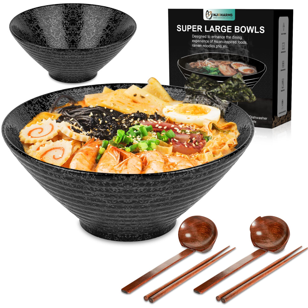 NJCHARMS Ceramic Ramen Bowl Set of 2  60 oz Japanese Noodle Soup Bowls with Spoons and Chopsticks for Ramen Soup Pho Udon Asian Noodles  Large Noodle-image-OPC-PGGBBYV-NEW