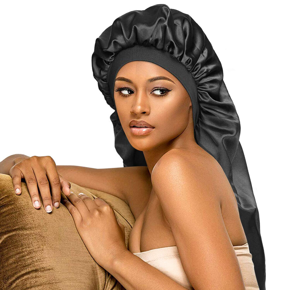 Bonnet de nuit long en satin noir extra large en soie pour cheveux naturels, bonnet pour femme, large bande    lastique, tr   s doux et confortable (