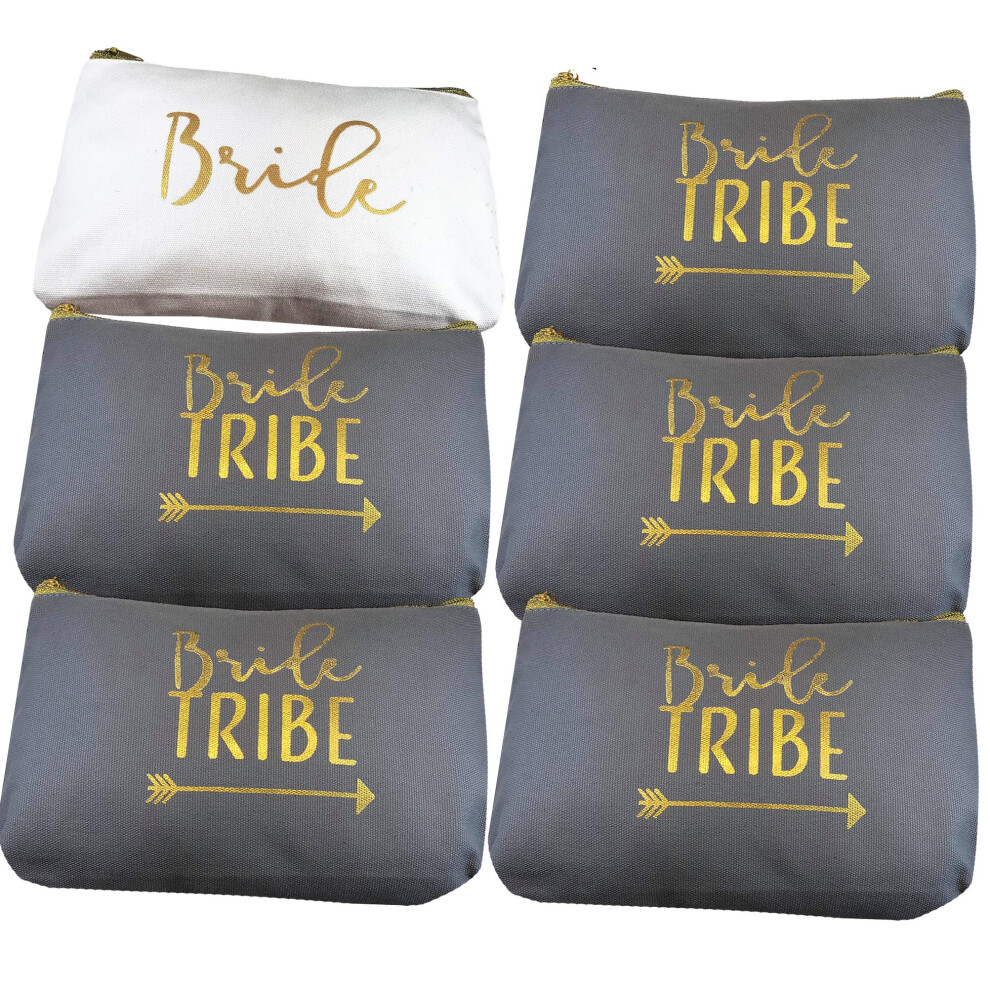 Heather & Willow 6 Piece Set | Bride Tribe Canvas Cosmetic Makeup Clutch Gifts Bag For Bridesmaid Proposal Box & Bridesmaids Bachelorette Party Favors