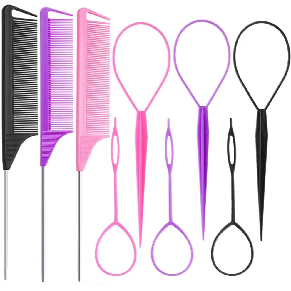 Luumxai Unisex Pink,Purple 9Pcs Topsy Hair Tail Tool And Rat Tail Comb Set 6Pcs French Braiding Tool Ring 3Pcs Metal Parting Combs Woman Girl Hair Styling (Pink Purple