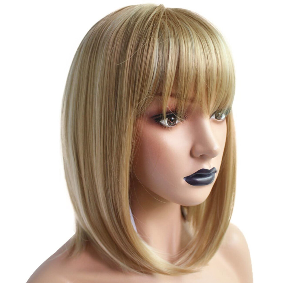 Anogol Hair Cap+Ombre Blonde Wig Women Blonde Bob Wig With Bangs Synthetic Hair Fringe Bob Wigs Short Natural Straight Wig For Halloween Cosplay Party