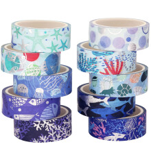 YUBX Ocean Blue Washi Tape Set 10 Rolls Silver Foil Print Decorative Masking Tapes for Arts DIY Crafts Journals Planners Scrapbook Wrapping (Nav