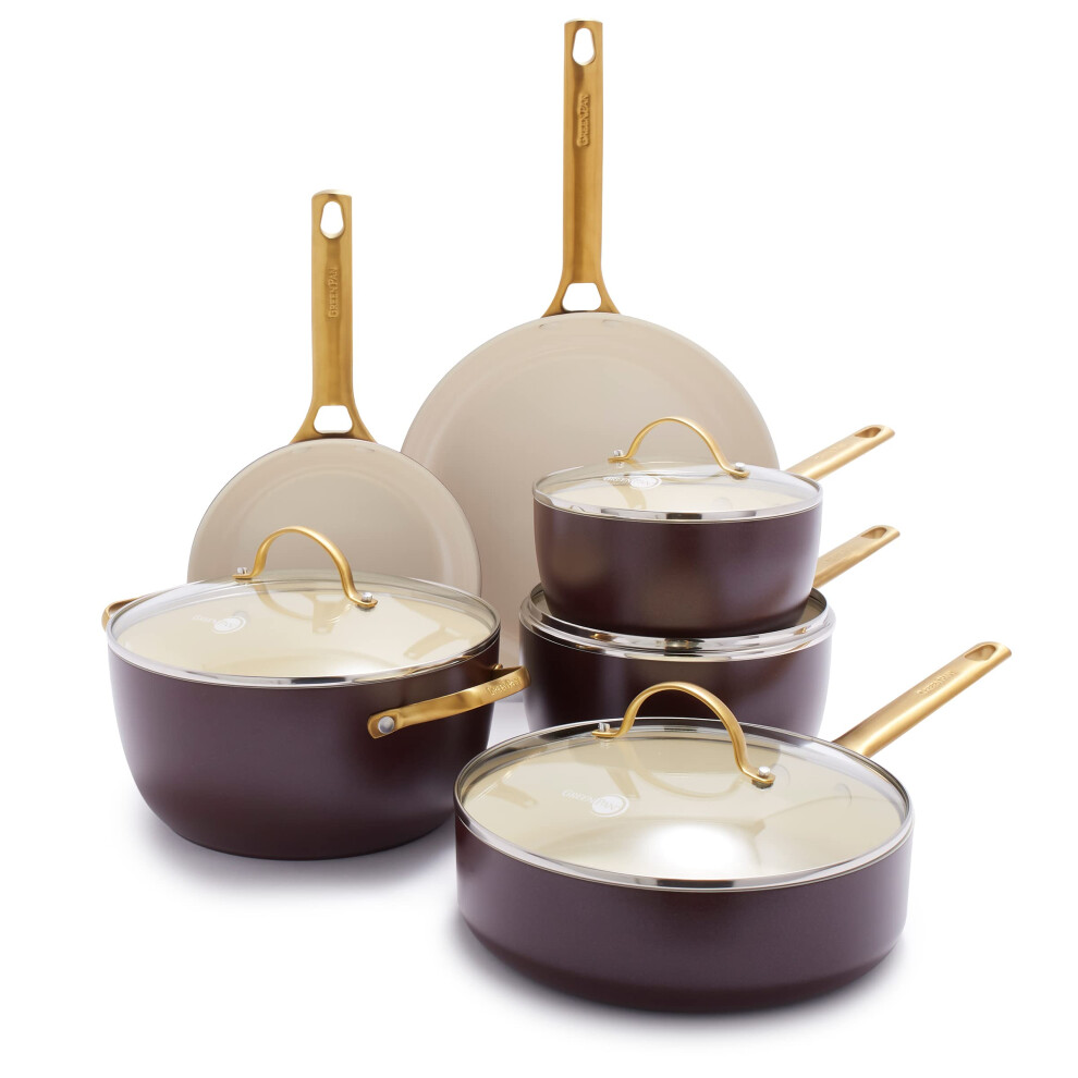 GreenPan Reserve Hard Anodized Healthy Ceramic Nonstick 10 Piece Cookware Pots and Pans Set  Gold Handle  PFAS-Free  Dishwasher Safe  Oven Safe  Merlo