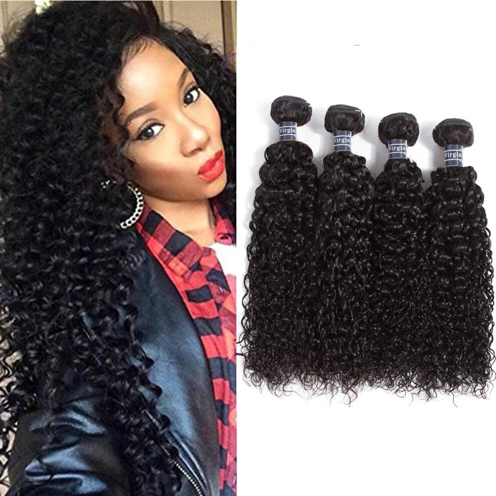 Amella Unisex Black Hair 100% Unprocessed Brazilian Curly Virgin Hair 4 Bundles 8A Brazilian Kinky Curly Virgin Hair Human Hair Extensions Natural Color(16 1