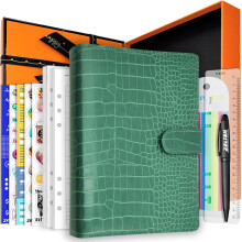 PU Leather Personal Notebook Planner with 80 Pages Loose-Leaf Papers 6 Holes Ring Binder Pen Holder Magnetic Buckle (Green Faux Crocodile Texture A5