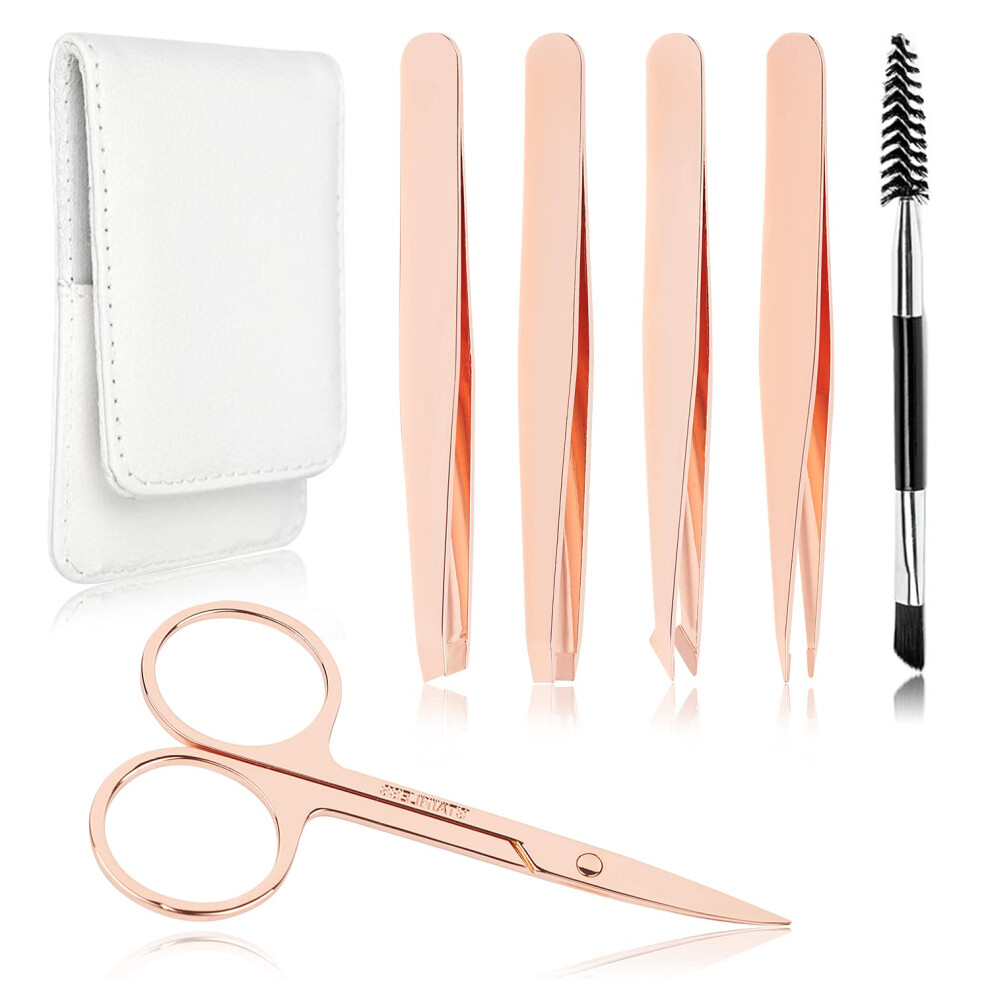 Lot De 6 Pinces à éPiler De PréCision Pour Sourcils, Pour Femmes, Pour éLiminer Les Poils IncarnéS Du Visage, Pinces Pointues En Or Rose, Ciseaux-image