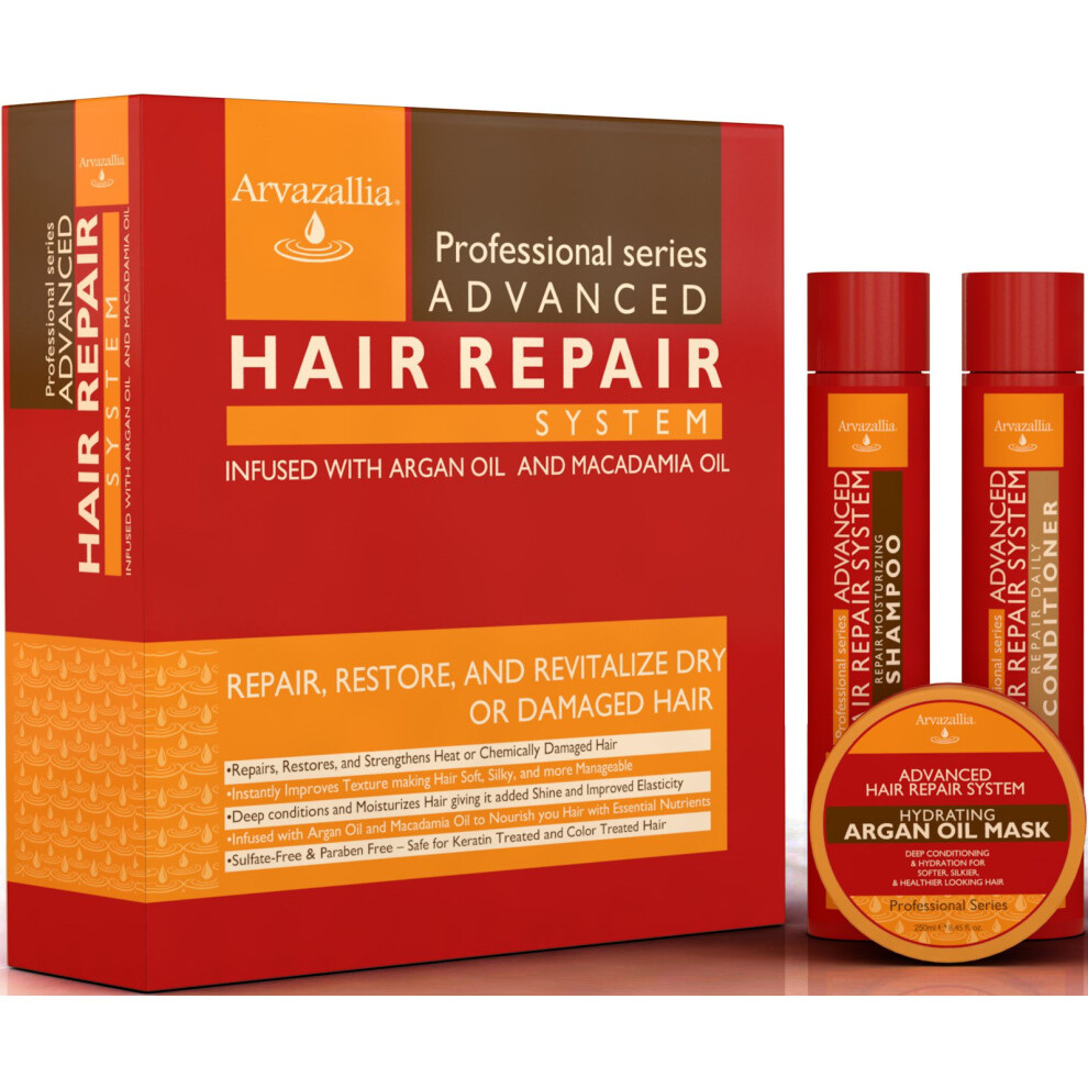 Advanced Hair Repair Shampoo  Conditioner and Deep Conditioner Mask System Set for Dry or Damaged Hair with Argan and Macadamia Oil by Arvazallia - Su