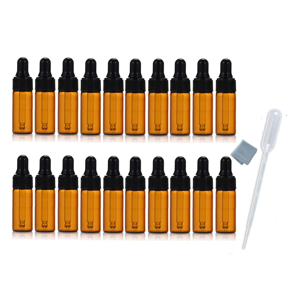Elfenstall Amber - 20Pcs 5Ml 1/6Oz Mini Glass Bottle Sample Vial Small Essential Oil Bottle With Glass Eye Dropper + 1Pc Glass Clean Cloth + 1Pc