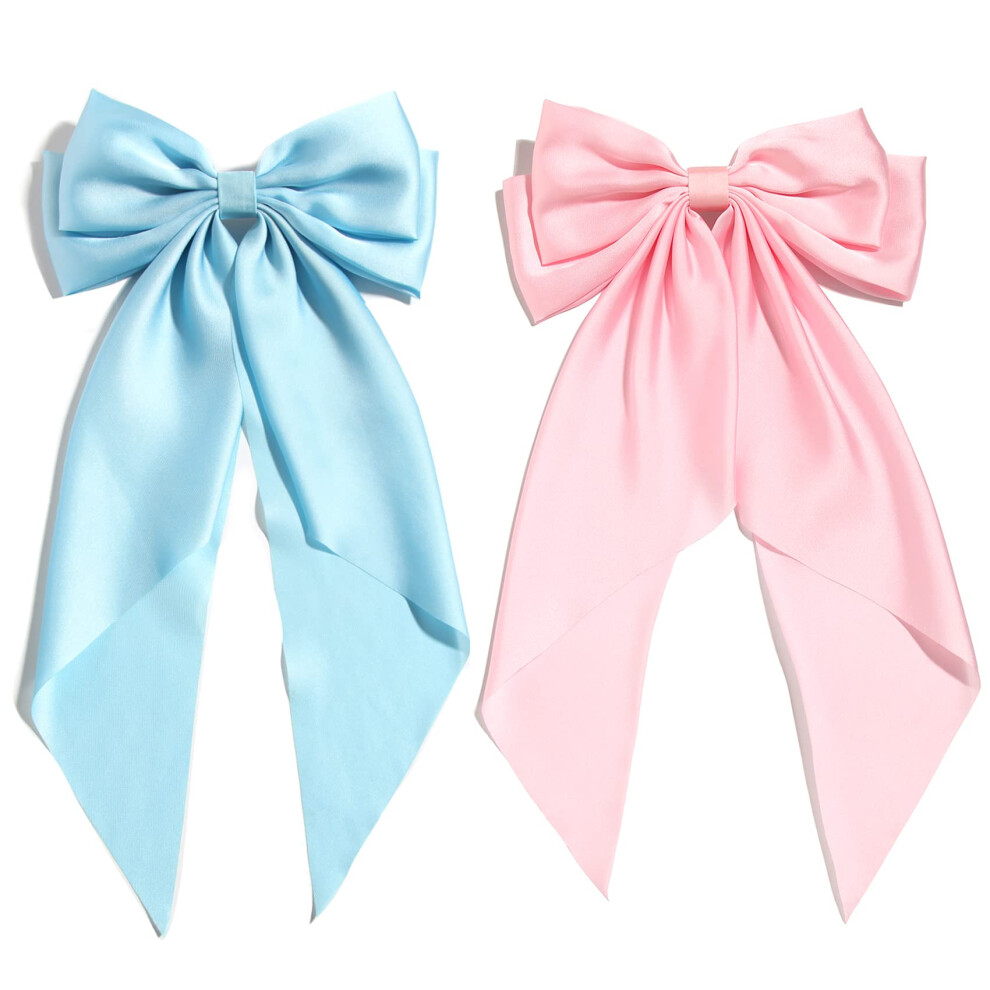 Susulu Pink/Blue Hair Bow For Women,Big Bow For Girls Bows Hair Clip Party Ribbon Bow,Large Satin Bow Long-Tail Hairpin Hair Barrettes Hair Acces