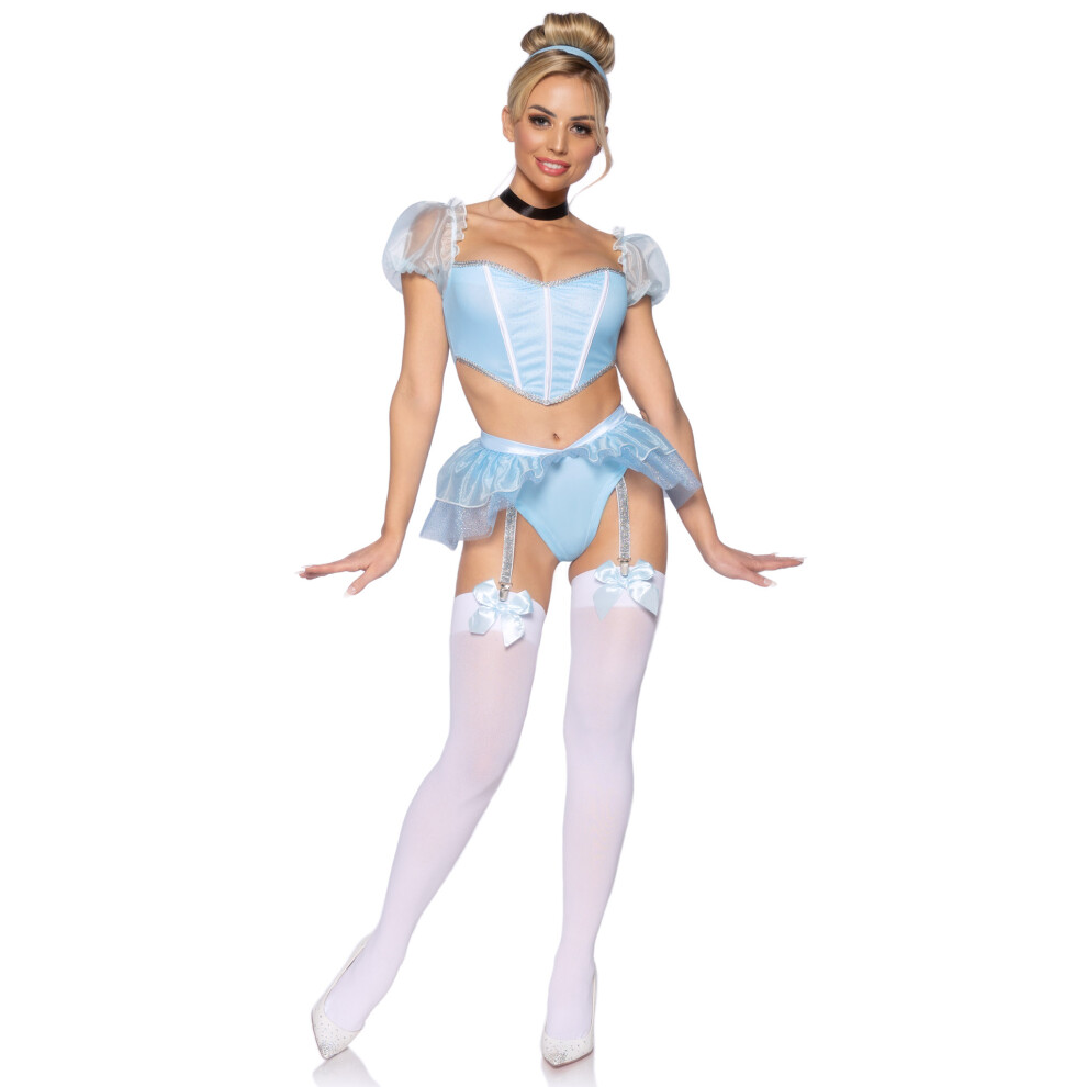 Leg Avenue 4 Pc Glass Slipper Cinderella Includes Boned Sweetheart Crop Top With Organza Sleeves Garter Panty With Shimmer Sheer Skirt Ribbon Choker And Matc
