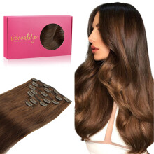 Extensiones de cabello humano con clip WENNALIFE de 16 pulgadas, 120 g, 7 unidades, color marr n chocolate, Remy, doble trama