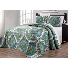 Grand Linen - 3-delig extra groot (115 x 95) fijn bedrukt voorgewassen dekbedset omkeerbare sprei dekbed kingsize bedovertrek (turquoise blauw grijs