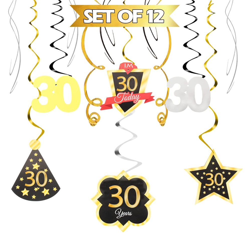 Lingteer D Corations Pour 30E Anniversaire, Kit De Banderoles Suspendues Noires Avec Tourbillons Dor S, Pour Un 30E Anniversaire, Fournitures De-image