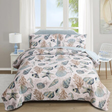 Junsey Beach Bedding King Size Lightweight Coastal Bedspreads Ocean Theme 3Pcs Conch Seashell Starfish Quilts Set Nautical Seahorse Seaweed Cover
