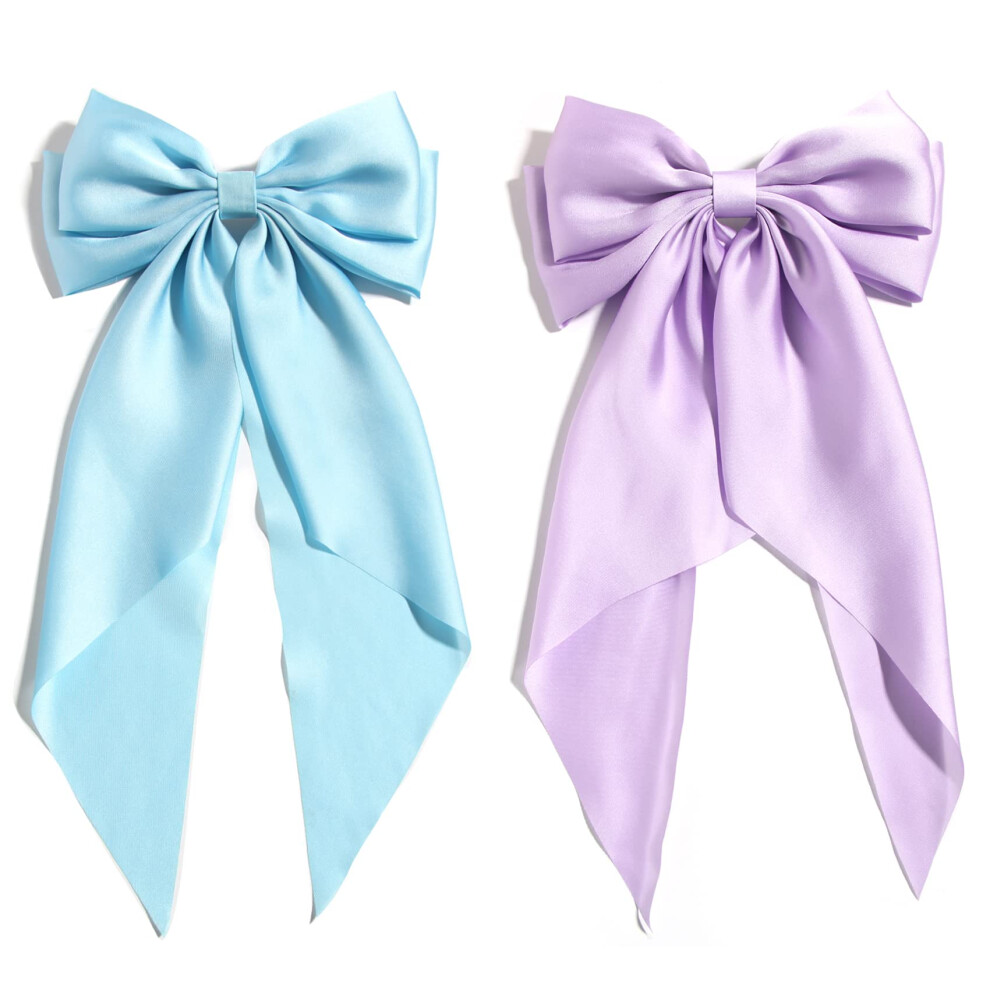 Susulu Blue Hair Bow Clips For Women Lilac Big Bows Metal Clips French Barrette With Long Tail Satin Ribbon Hairpin Lady Barrettes Scrunchies Ponytail